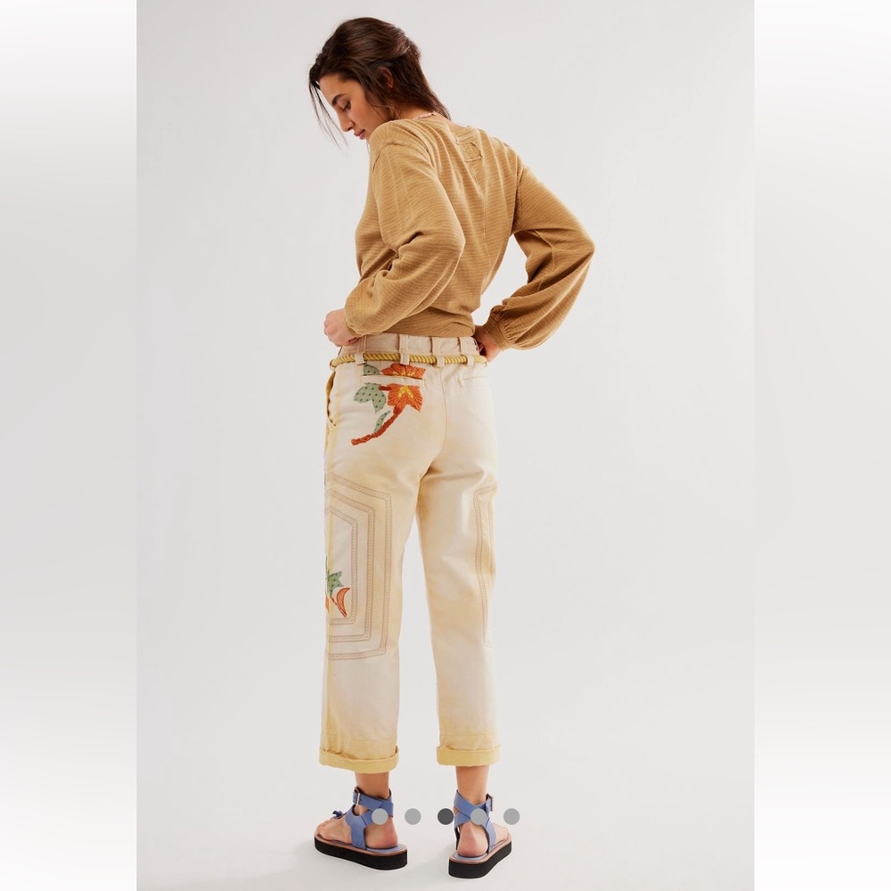 Free People Cream Floral Cropped Embroidered Pants - Picture 4 of 14